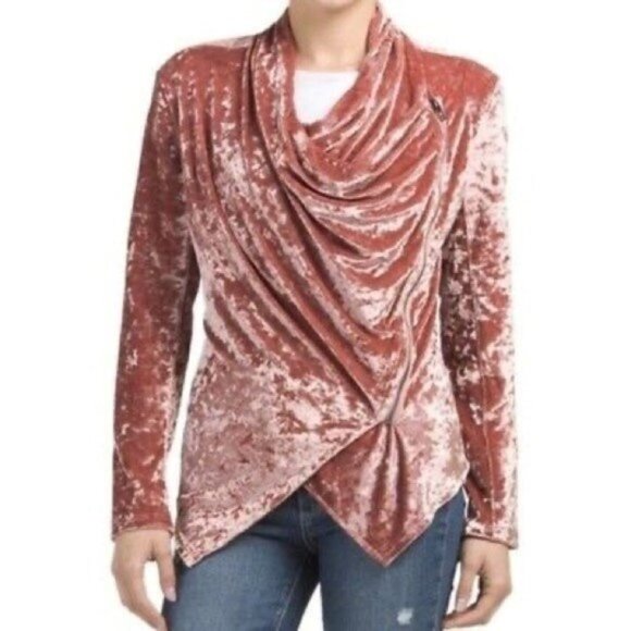 Blank NYC Pink Crushed Velvet Asymmetric Zip Drape Front Moto Jacket - Picture 1 of 6